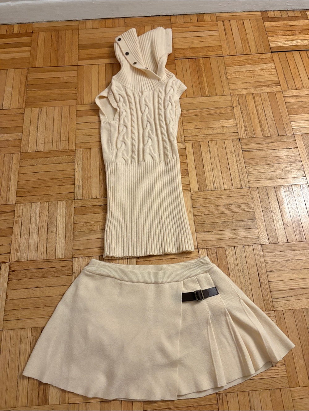 Frankie's Bikinis Cream Cable-Knit Sleeveless Cowl Sweater and skirt set
